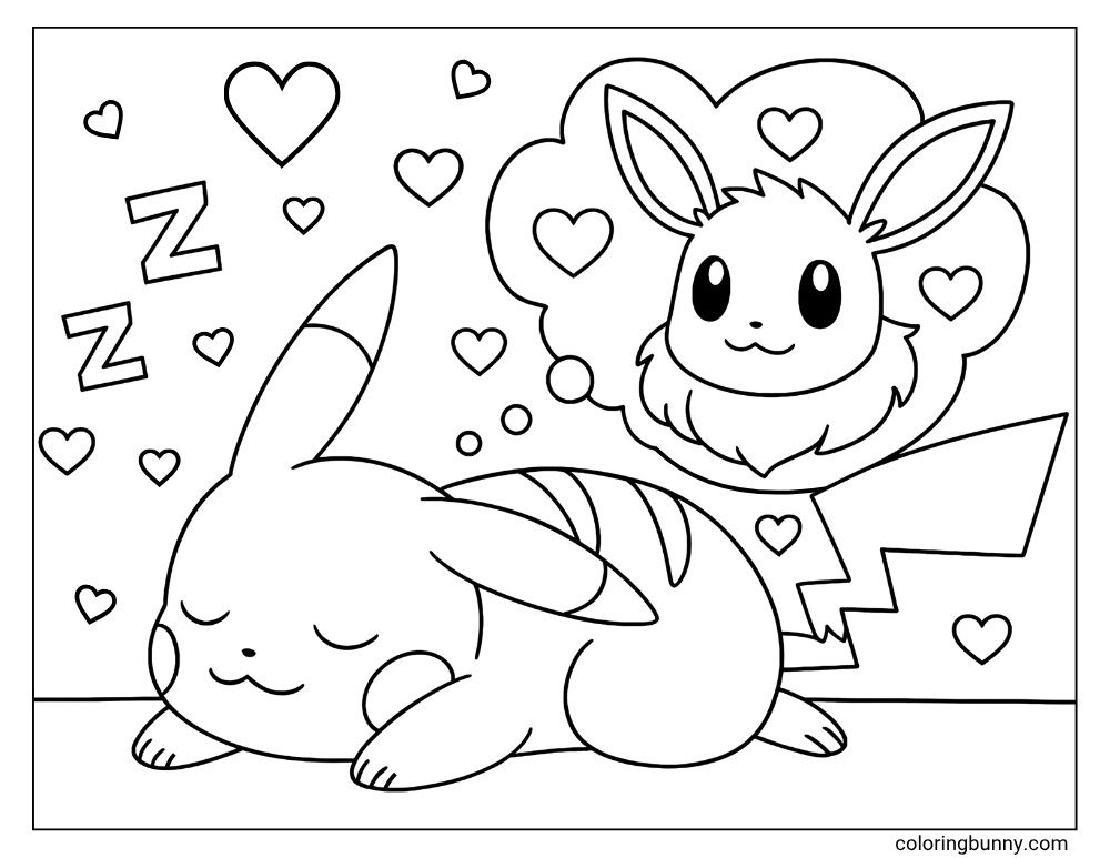 Pikachu sleeping and dreaming about Eevee printable Pokemon coloring page