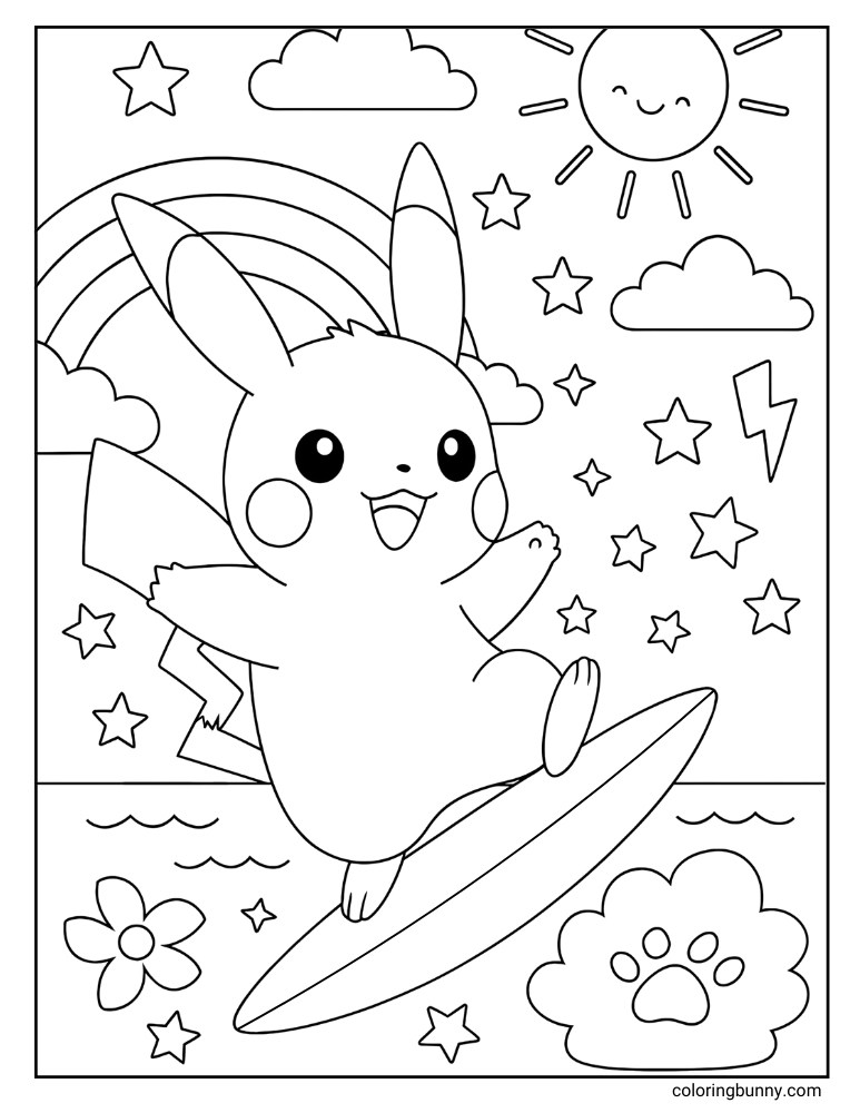 Pikachu surfing on a sunny day printable Pokemon coloring page