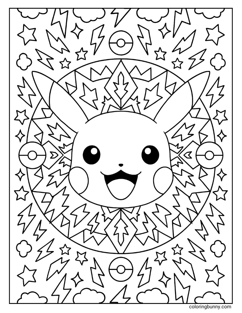 Pikachu surrounded by patterns printable Pokemon coloring page