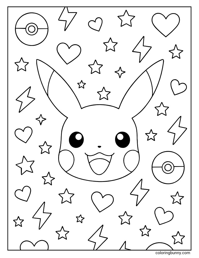 Pikachu wallpaper with stars Poke Balls hearts stars and lightning bolts printable Pokemon coloring page