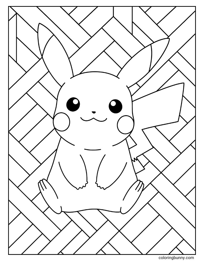 Pikachu with a fun and easy geometric background printable Pokemon coloring page