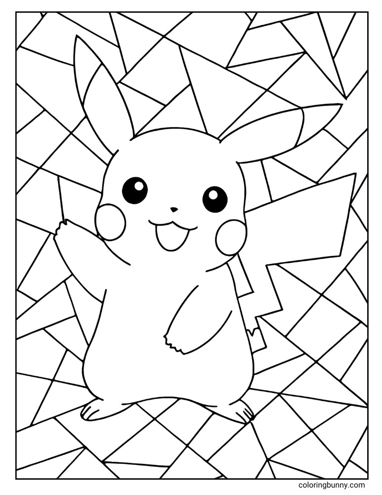 Pikachu with a fun geometric background for kids printable Pokemon coloring page