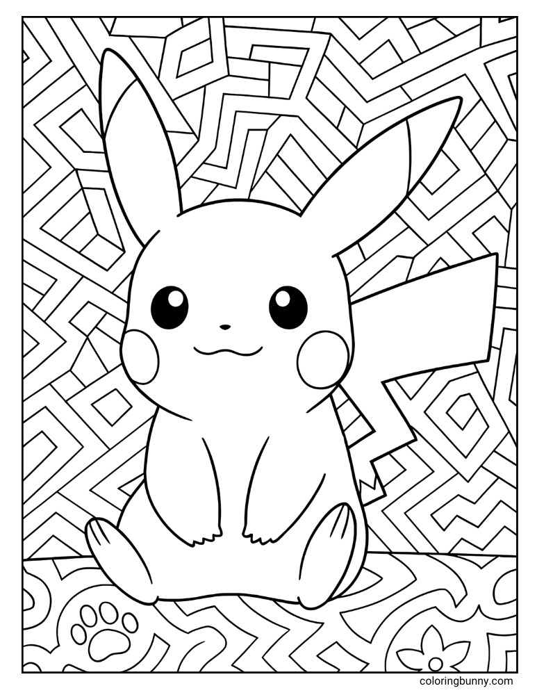 Pikachu with a rectangular and geometric background printable Pokemon coloring page