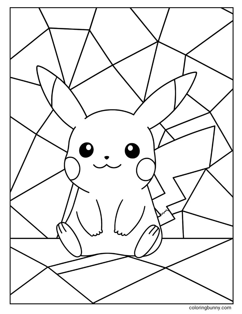 Pikachu with a simple and easy geometric background for kids printable Pokemon coloring page