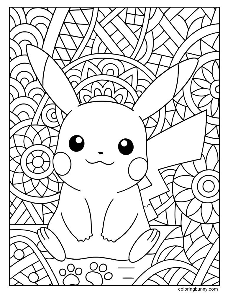 Pikachu with geometric pattern background printable Pokemon coloring page