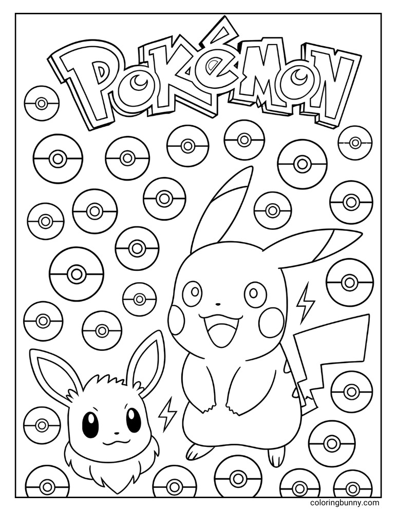 Pokemon logo Poke Balls Eevee and Pikachu printable Pokemon coloring page