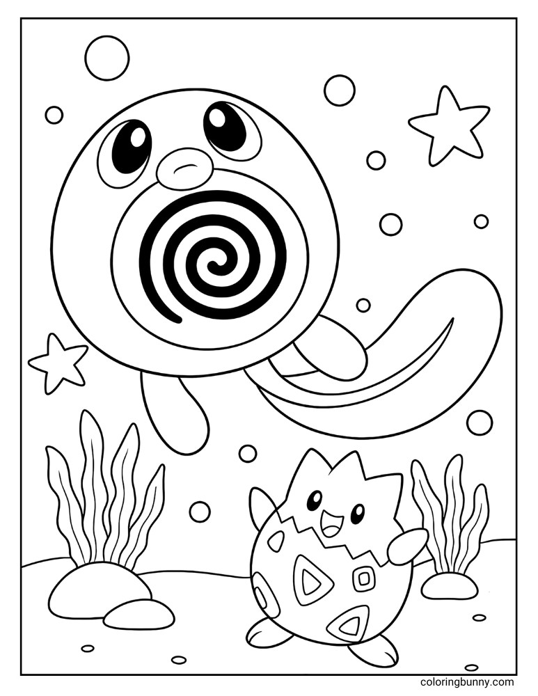 Poliwhirl and Togepi printable Pokemon coloring page