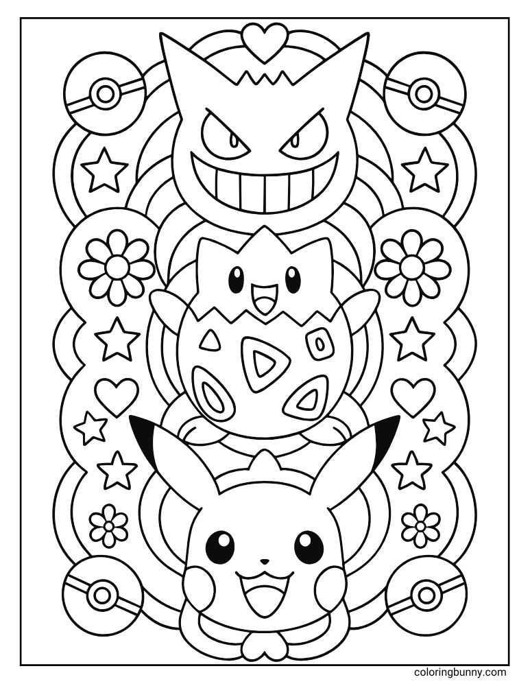Portrait Pikachu Gengar and Togepi mandala style designs mandala printable Pokemon coloring page