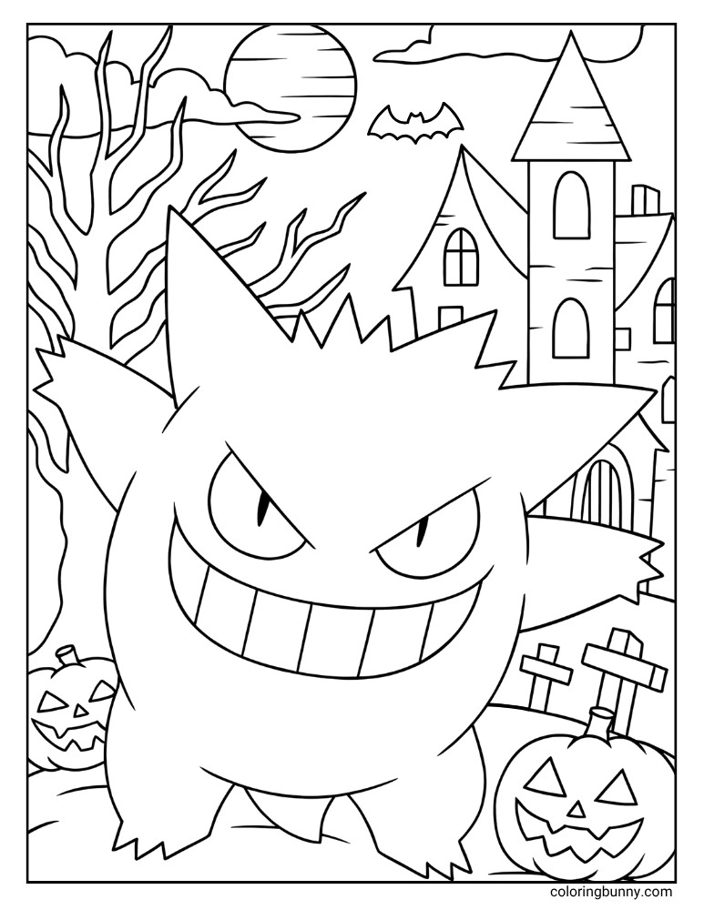 Scary Gengar infront of a haunted house printable Pokemon coloring page