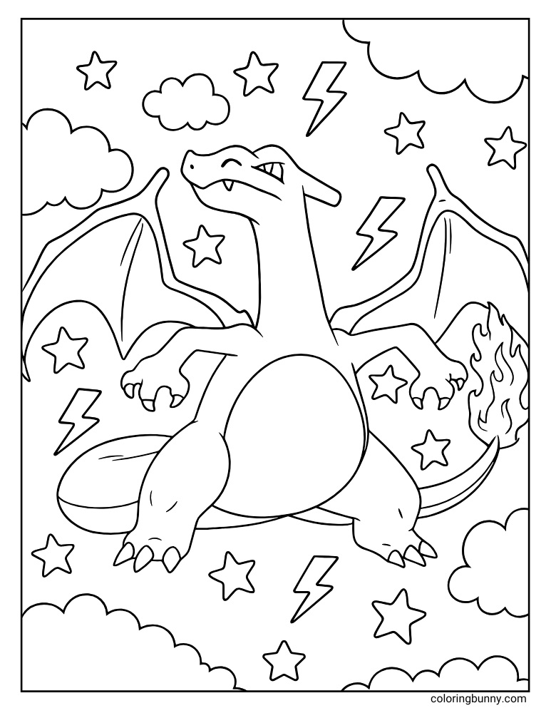 Simple Charizard in the sky with stars and lightning bolts printable Pokemon coloring page