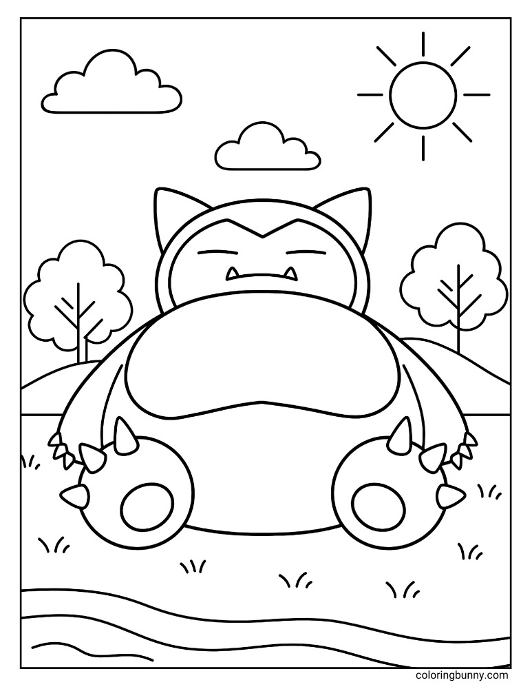 Snorlax sleepin the countryside printable Pokemon coloring page