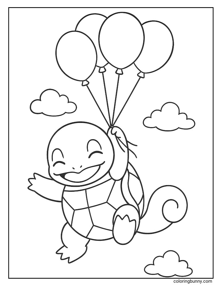 Squirtle floating in the sky by balloons printable Pokemon coloring page