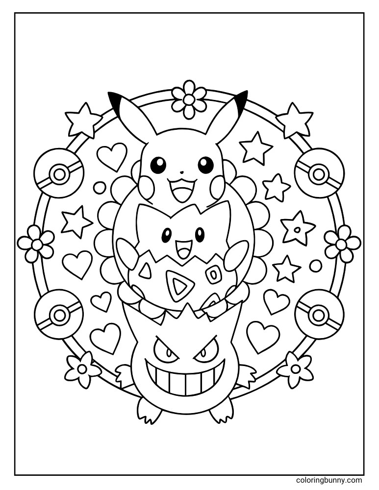 Togepi Gengar and Pikachu Togepi Gengar surrounded by a Pokemon style mandala printable Pokemon coloring page
