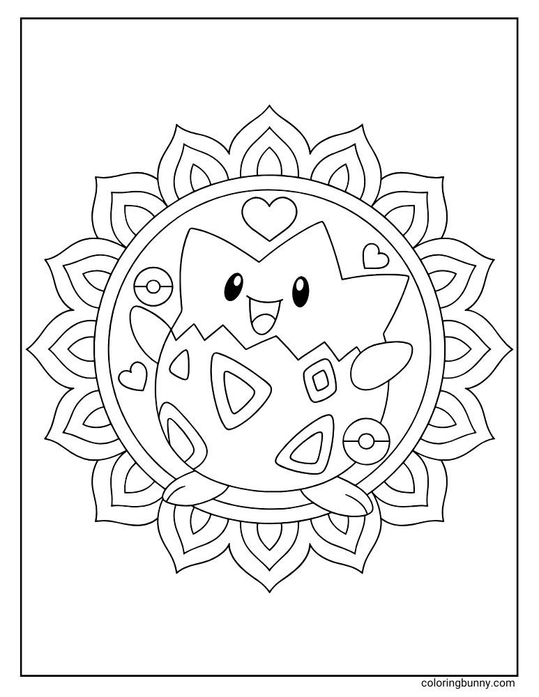 Togepi surrounded by a mandala printable Pokemon coloring page