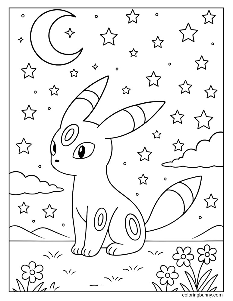 Umbreon on a starry night printable Pokemon coloring page