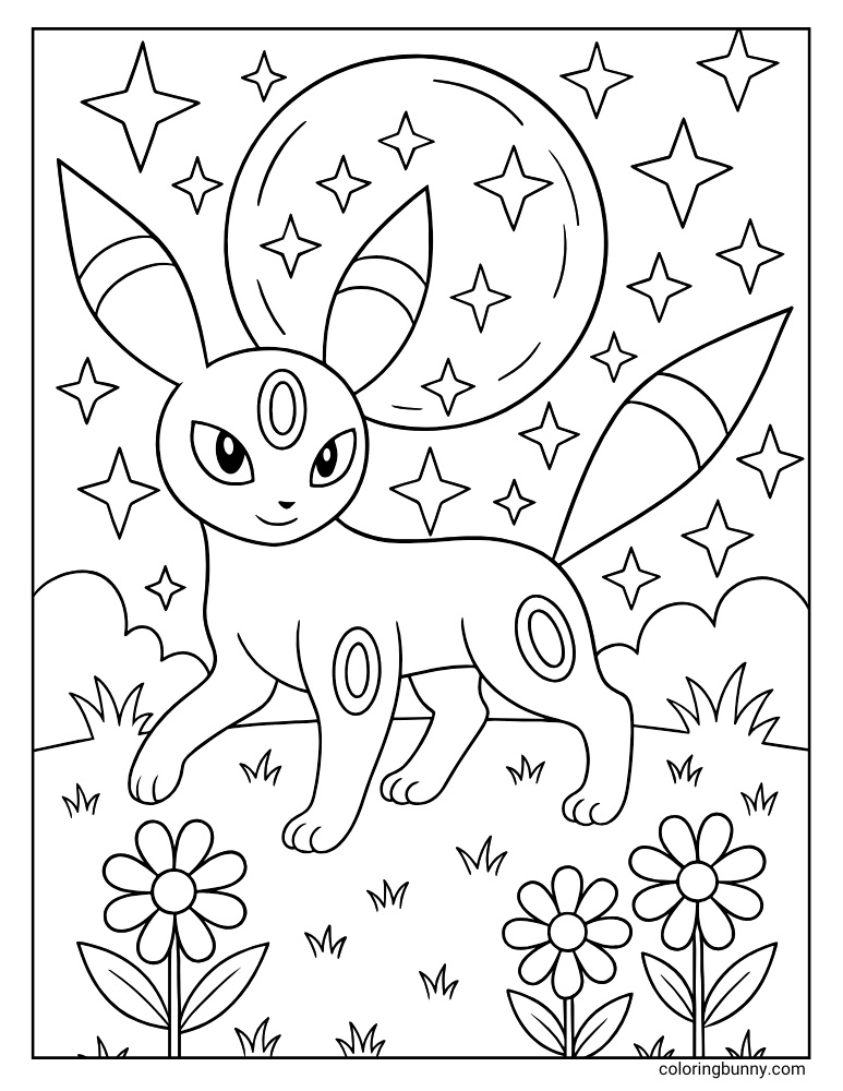 Umbreon in a flower meadow printable Pokemon coloring page